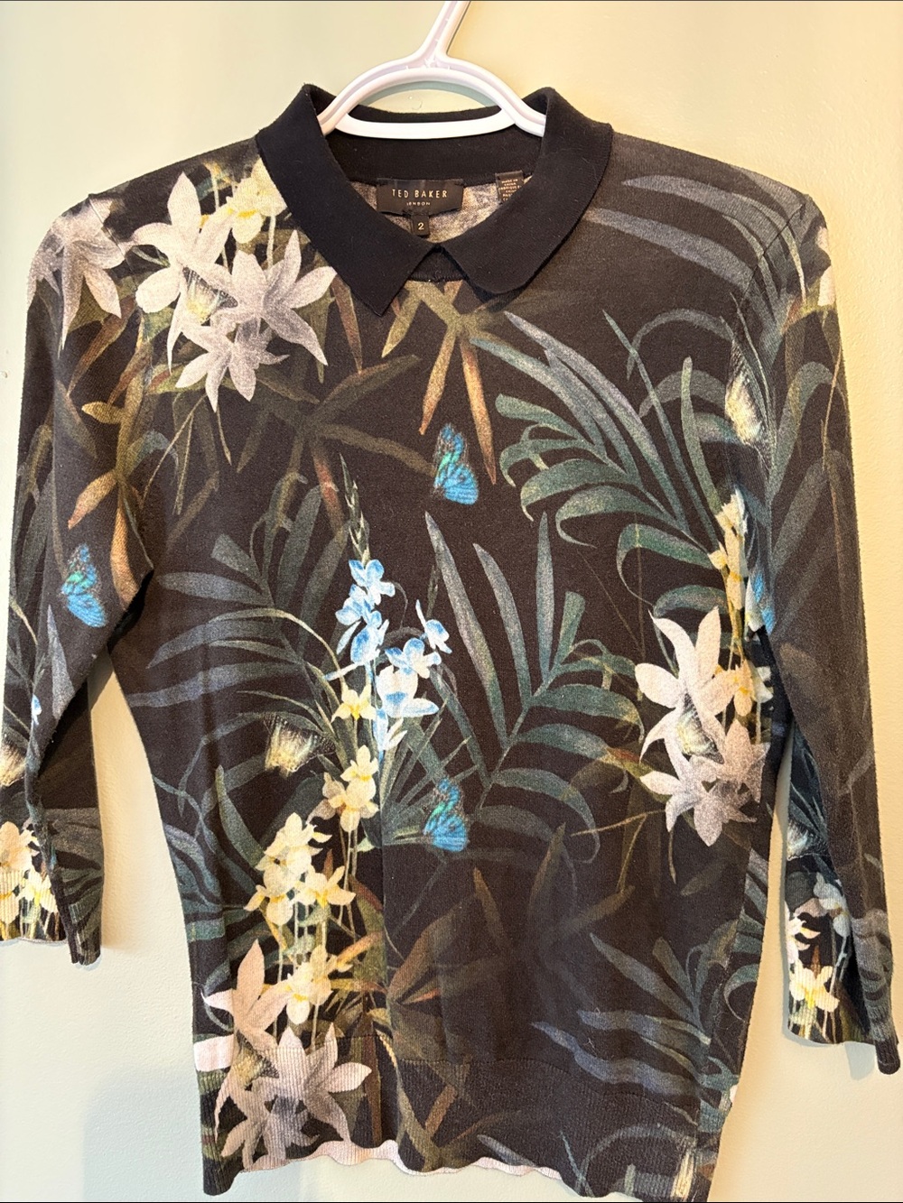 Ted Baker Black Floral Collared Knit Top
